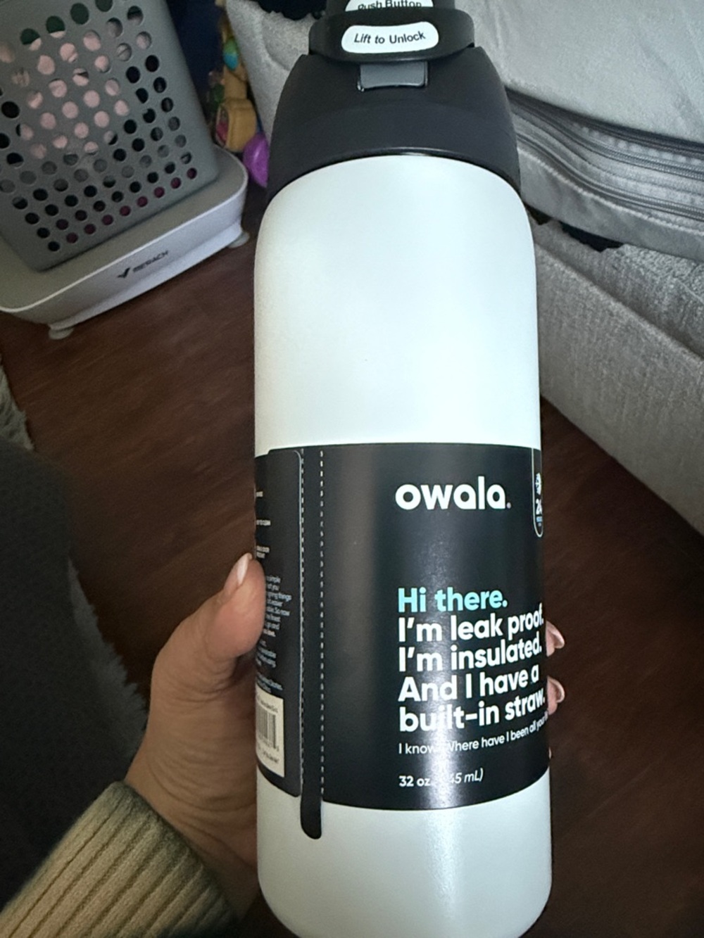 Owala White Insulated Water Bottle with Black Lid